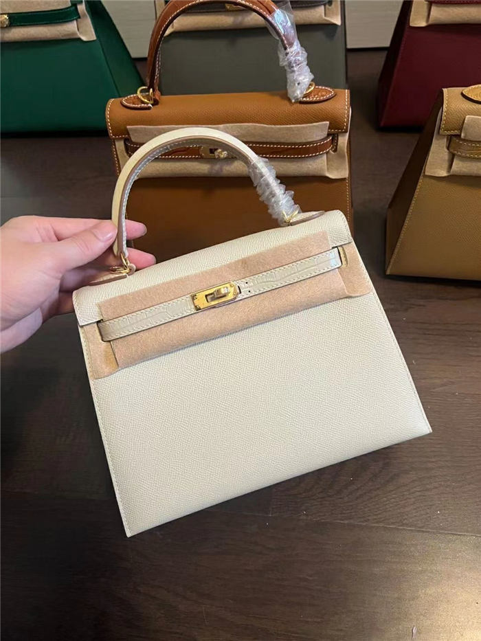 Hermes Kelly 25/28cm Sellier Bag Epsom and Crocodile Leather Silver/Gold Metal In Craie WAX High