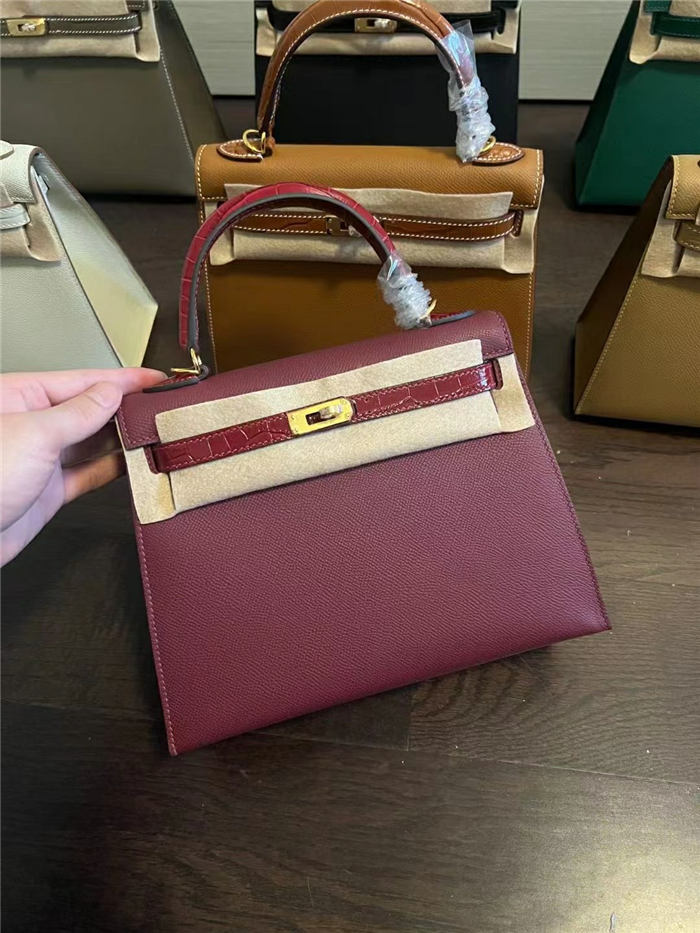 Hermes Kelly 25/28cm Sellier Bag Epsom and Crocodile Leather Silver/Gold Metal In Bordeaux WAX High