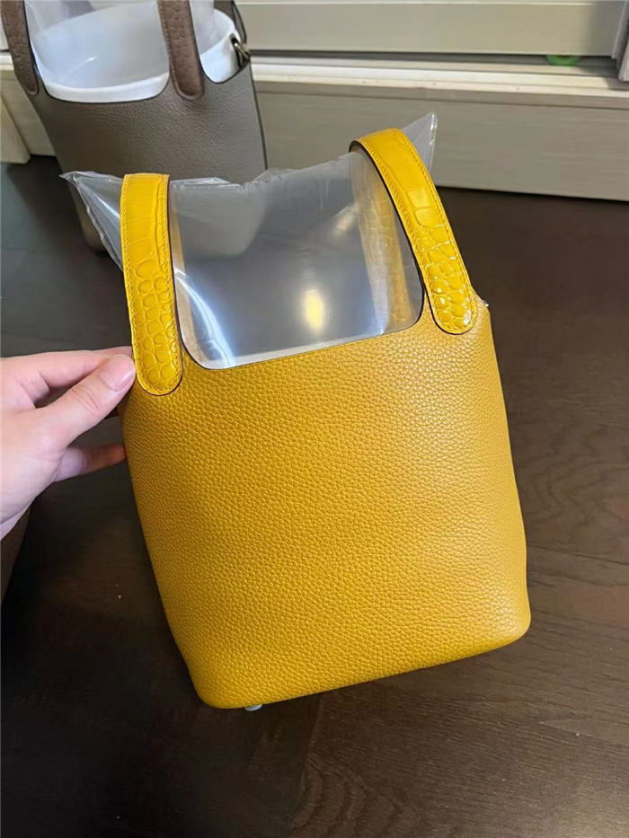 Hermes Picotin Lock 18 Bag TC and Crocodile Leather In Jaune Ambre WAX High