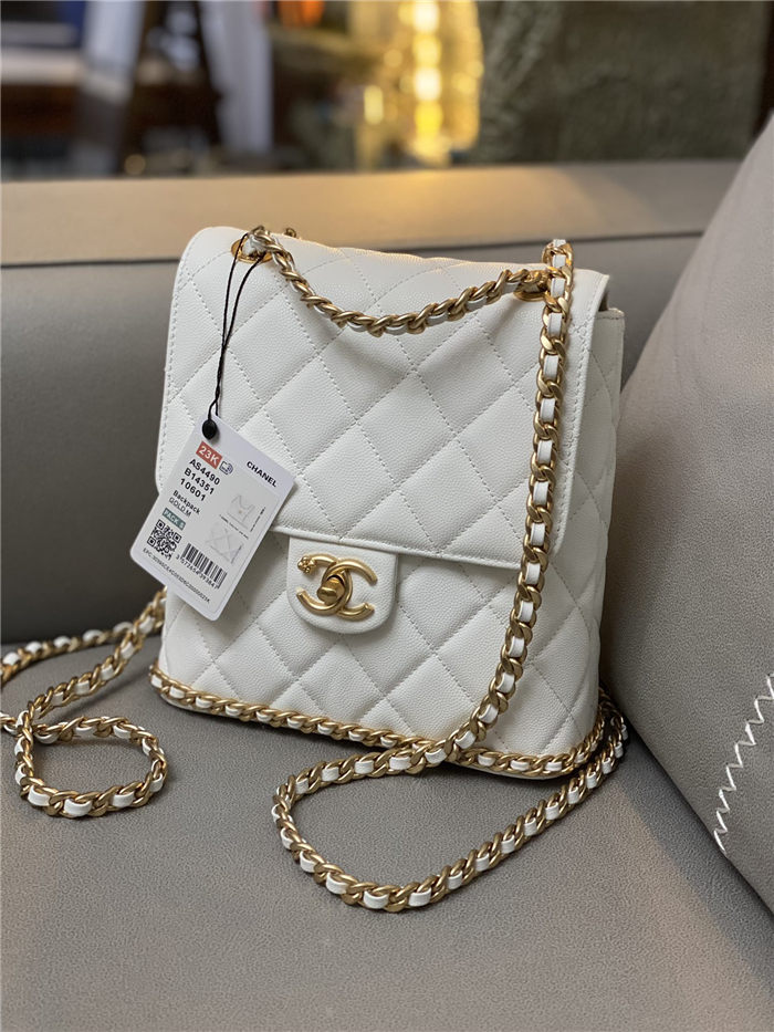 Chanel CHAIN BACKPACK Grained Calfskin & Gold-Tone Metal AS4490 White A