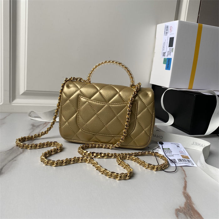 Chanel MINI FLAP BAG WITH TOP HANDLE AS4847 Lambskin, Resin & Gold-Tone Metal Gold A