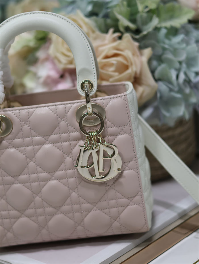 Two-Tone Small Lady Dior Bag Two-Tone Cannage Lambskin Latte and Powder Pink High