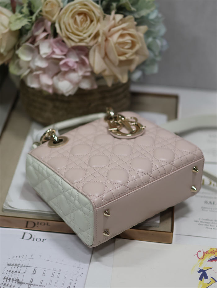 Two-Tone Small Lady Dior Bag Two-Tone Cannage Lambskin Latte and Powder Pink High