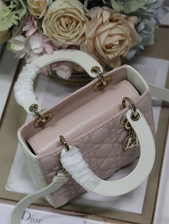 Two-Tone Small Lady Dior Bag Two-Tone Cannage Lambskin Latte and Powder Pink High