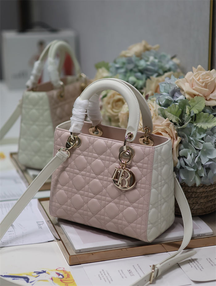 Two-Tone Medium Lady Dior Bag Two-Tone Cannage Lambskin Latte and Powder Pink High