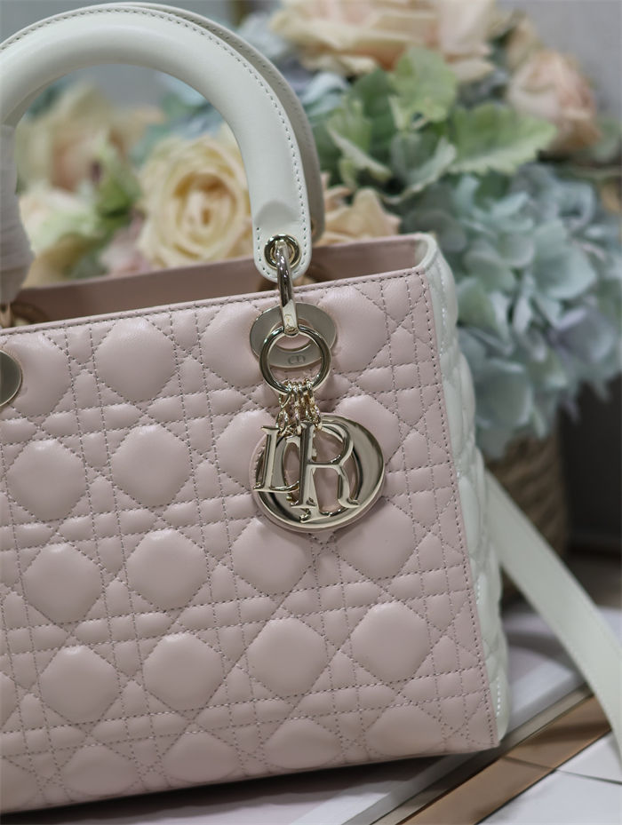 Two-Tone Medium Lady Dior Bag Two-Tone Cannage Lambskin Latte and Powder Pink High