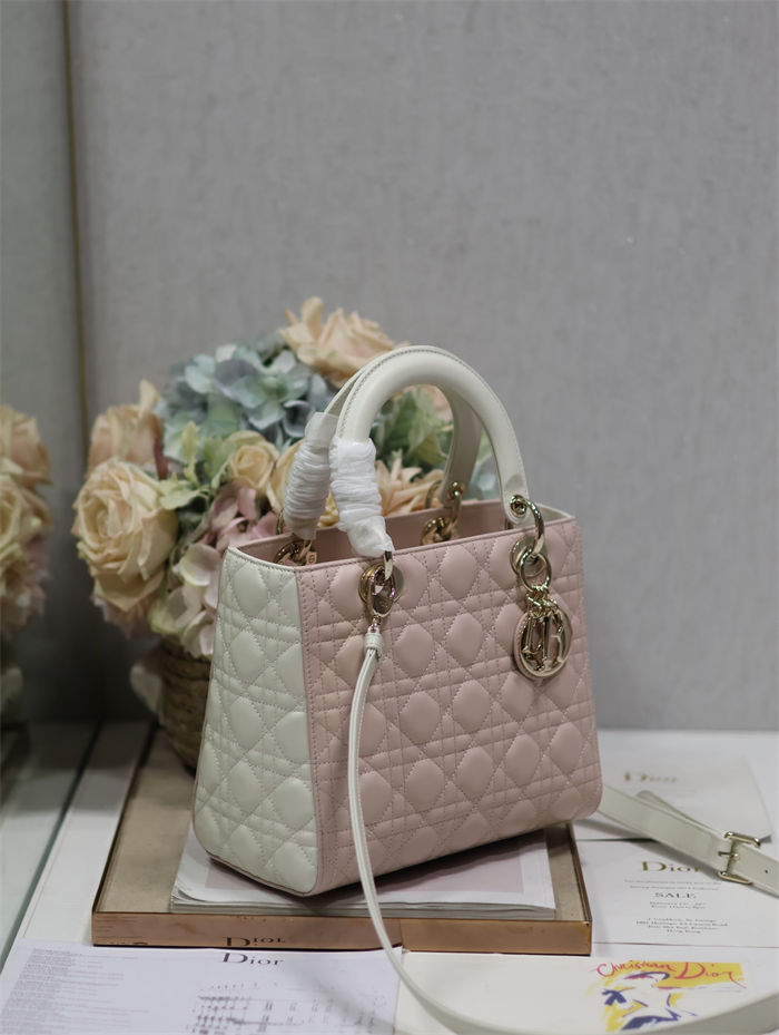 Two-Tone Medium Lady Dior Bag Two-Tone Cannage Lambskin Latte and Powder Pink High