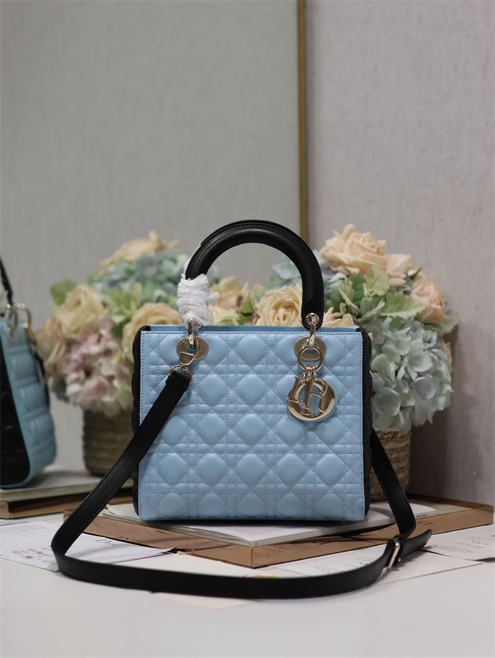 Two-Tone Medium Lady Dior Bag Two-Tone Cannage Lambskin Sky Blue and Black High