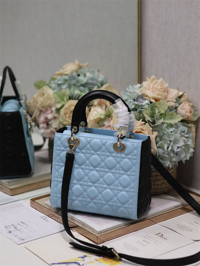 Two-Tone Medium Lady Dior Bag Two-Tone Cannage Lambskin Sky Blue and Black High