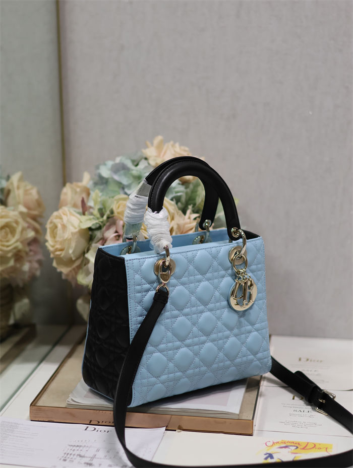 Two-Tone Medium Lady Dior Bag Two-Tone Cannage Lambskin Sky Blue and Black High