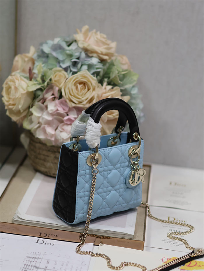 Two-Tone Mini Lady Dior Bag Two-Tone Cannage Lambskin Sky Blue and Black High