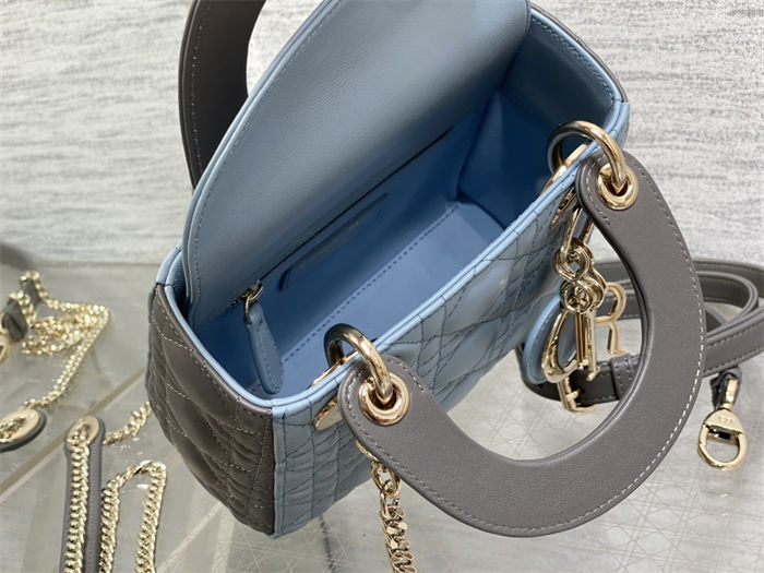 Two-Tone Mini Lady Dior Bag Two-Tone Cannage Lambskin Sky Blue and Steel Gray High