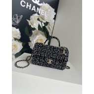 MINI FLAP BAG WITH TOP HANDLE AS2431 Cotton Tweed & Gold-Tone Metal Black P A