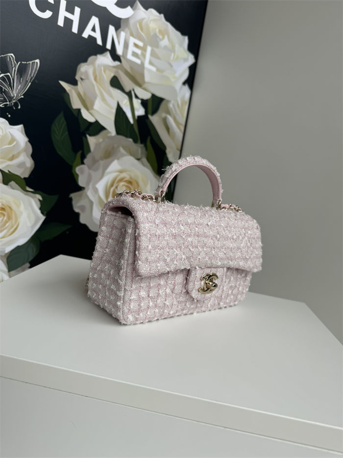 MINI FLAP BAG WITH TOP HANDLE AS2431 Cotton Tweed & Gold-Tone Metal Pink A