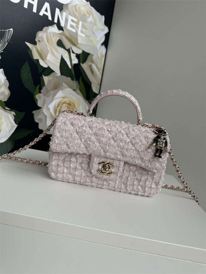 MINI FLAP BAG WITH TOP HANDLE AS2431 Cotton Tweed & Gold-Tone Metal Pink P A