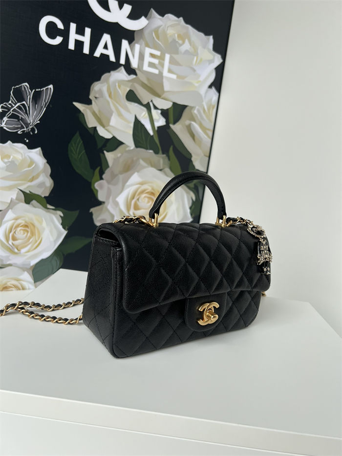 MINI FLAP BAG WITH TOP HANDLE AS2431 Grained Calfskin & Gold-Tone Metal Black P A