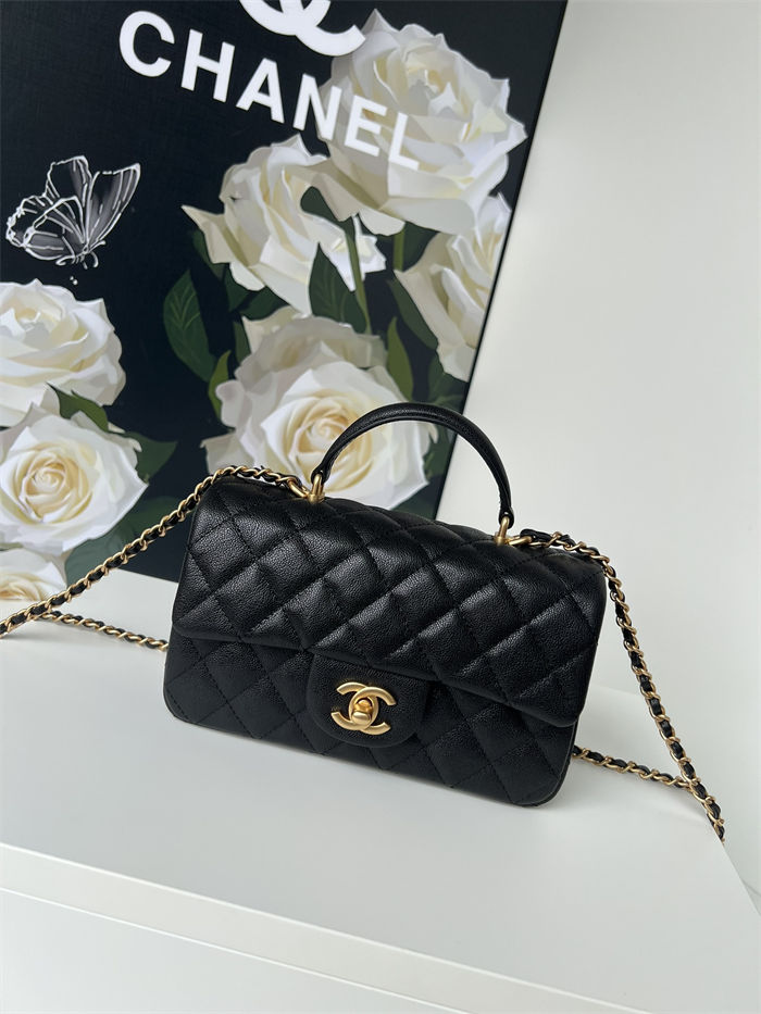 MINI FLAP BAG WITH TOP HANDLE AS2431 Grained Calfskin & Gold-Tone Metal Black A