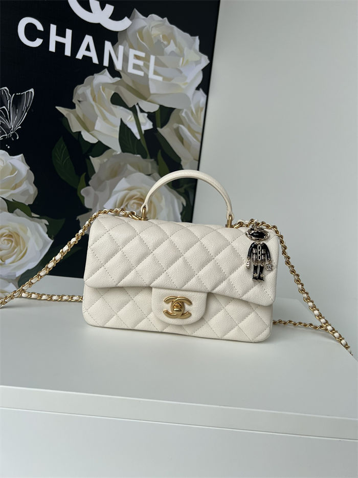 MINI FLAP BAG WITH TOP HANDLE AS2431 Grained Calfskin & Gold-Tone Metal White P A