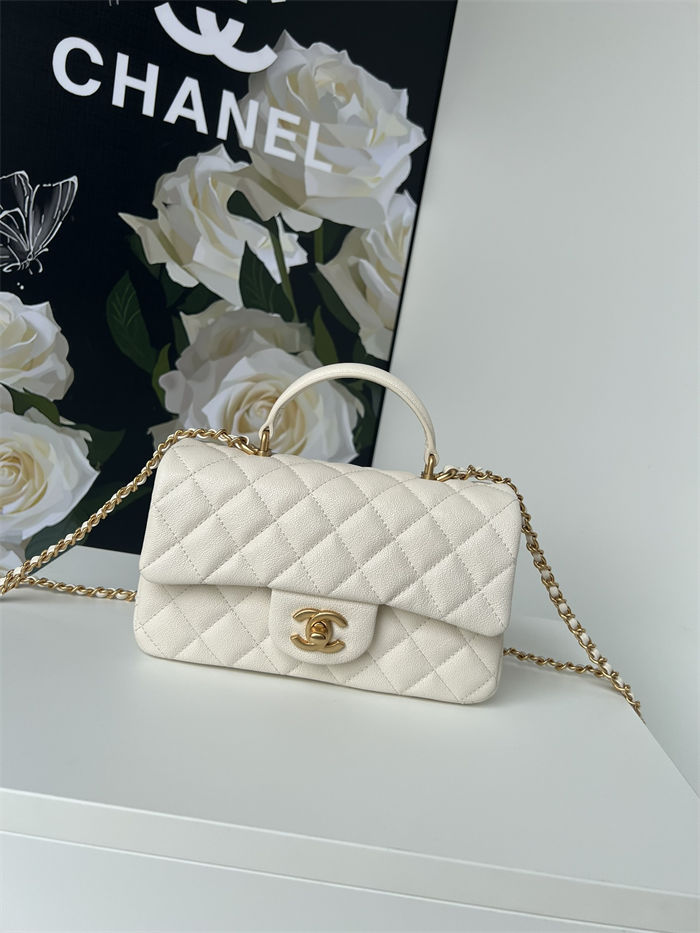 MINI FLAP BAG WITH TOP HANDLE AS2431 Grained Calfskin & Gold-Tone Metal White A