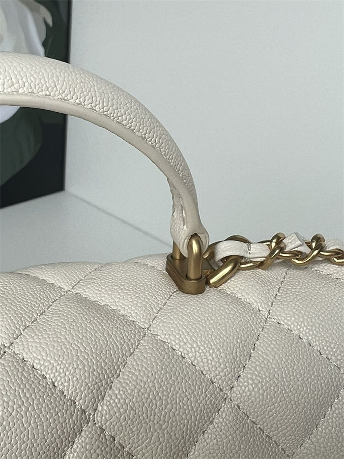 MINI FLAP BAG WITH TOP HANDLE AS2431 Grained Calfskin & Gold-Tone Metal White A