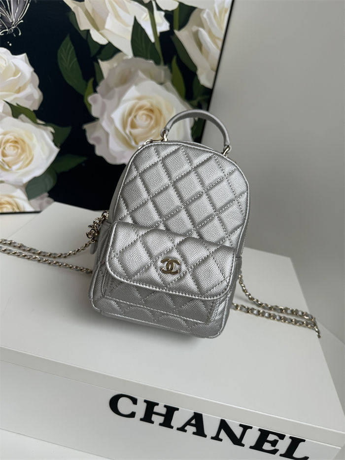 Chanel Mini Backpack Grained Calfskin Gold-Tone Metal AP3753 Silver High