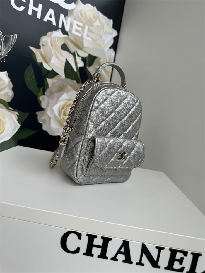 Chanel Mini Backpack Grained Calfskin Gold-Tone Metal AP3753 Silver High