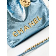 Chanel 22 MINI HANDBAG Metallic Calfskin & Gold-Tone Metal Blue AS3980 High