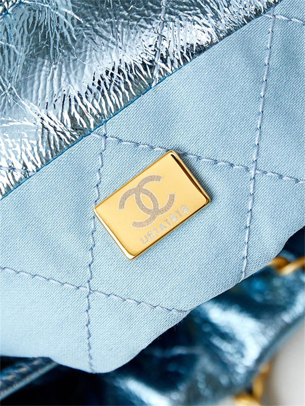 Chanel 22 MINI HANDBAG Metallic Calfskin & Gold-Tone Metal Blue AS3980 High