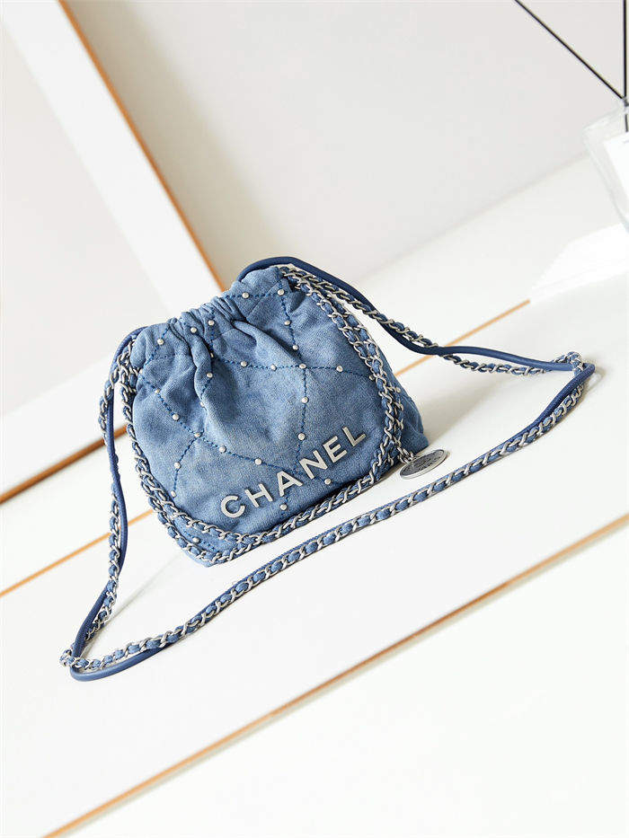 Chanel 22 MINI HANDBAG Washed Denim & Silver-Tone Metal Blue AS3980 High