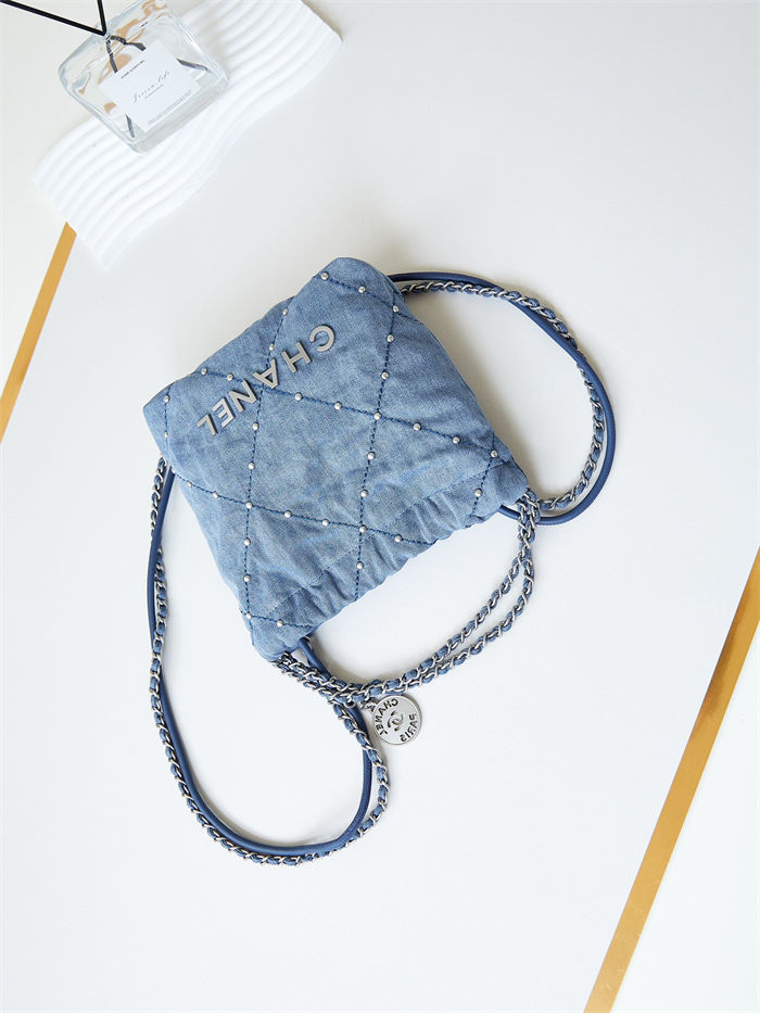 Chanel 22 MINI HANDBAG Washed Denim & Silver-Tone Metal Blue AS3980 High