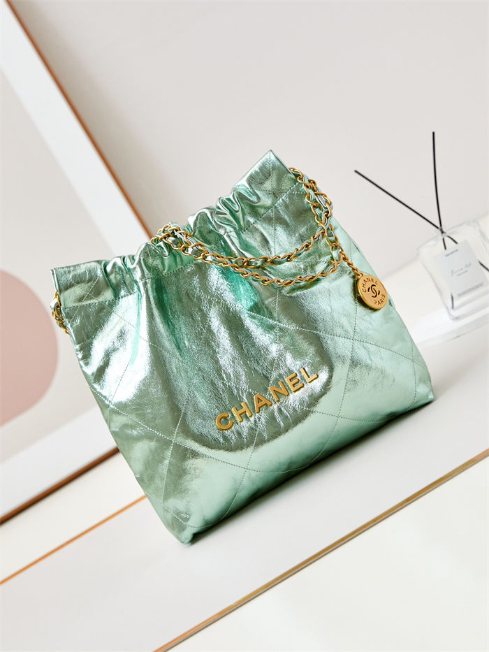 Chanel 22 SMALL HANDBAG Metallic Calfskin & Gold-Tone Metal AS3260 Green High