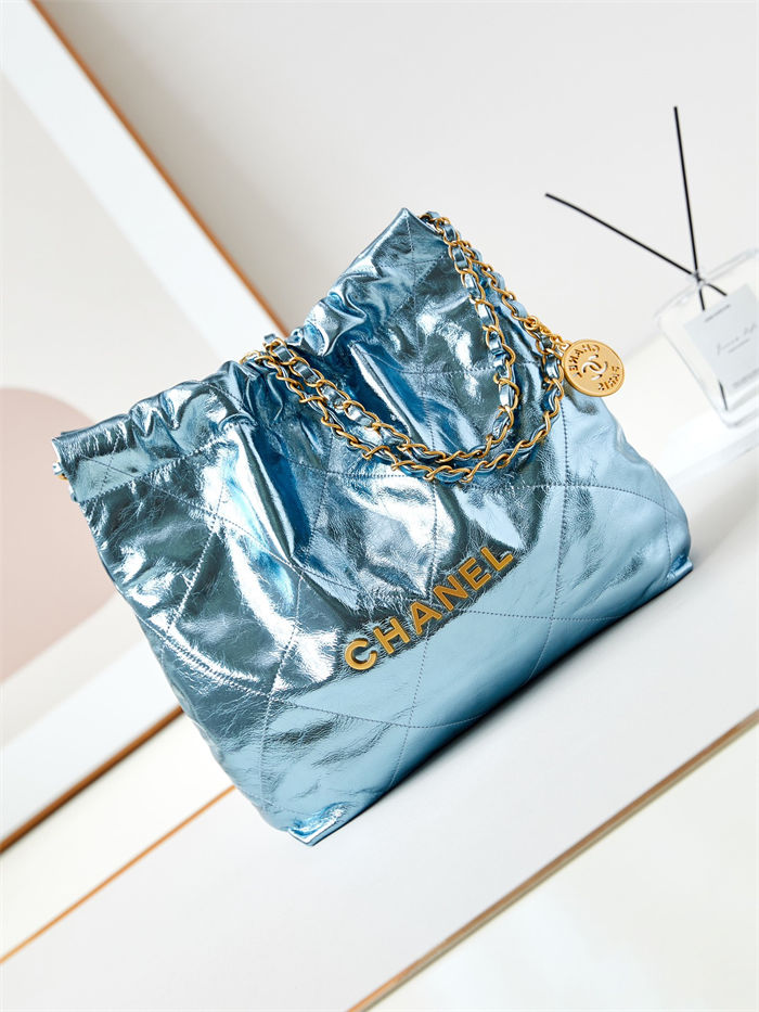 Chanel 22 SMALL HANDBAG Metallic Calfskin & Gold-Tone Metal AS3260 Blue High