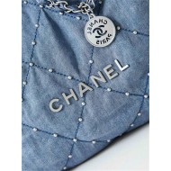 Chanel 22 MEDIUM HANDBAG Denim & Silver-Tone Metal AS3261 Blue High