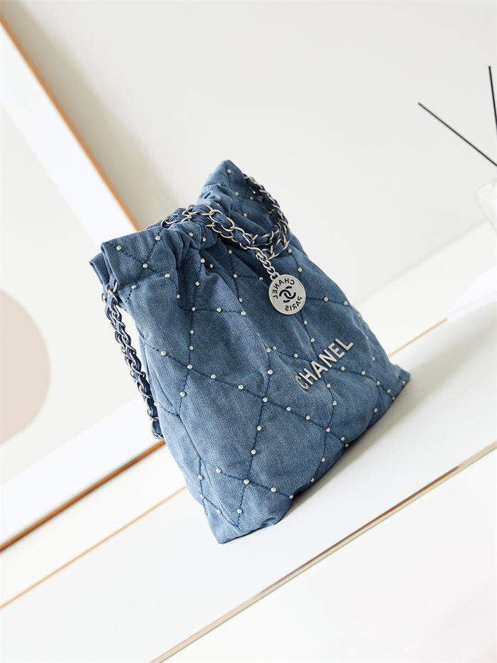 Chanel 22 SMALL HANDBAG Denim & Silver-Tone Metal AS3260 Blue High