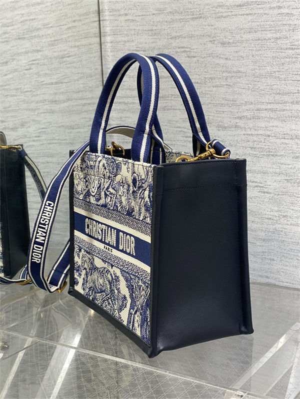 SMALL Dior BOOK TOTE Toile de Jouy Embroidery Blue With Strap High