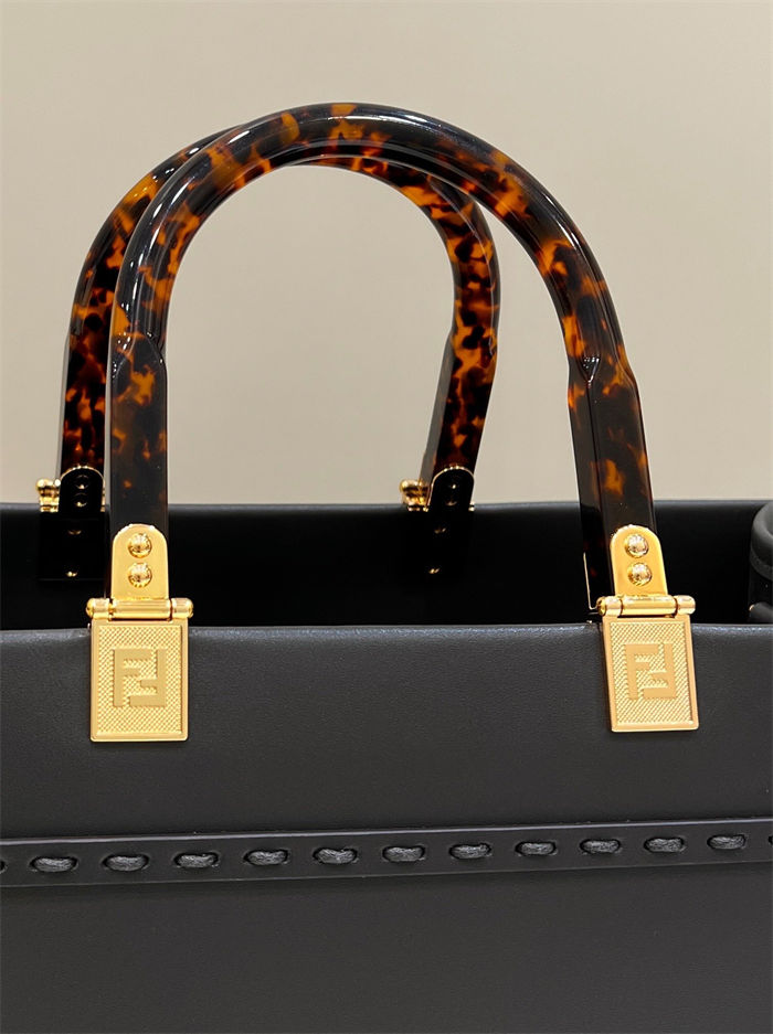 MEDIUM Fendi SUNSHINE Leather & Elaphe Shopper Black High