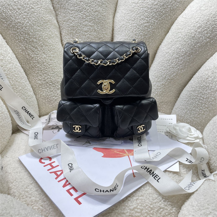 Chanel BACKPACK AS3860 Grained Shiny Calfskin & Gold-Tone Metal Black A