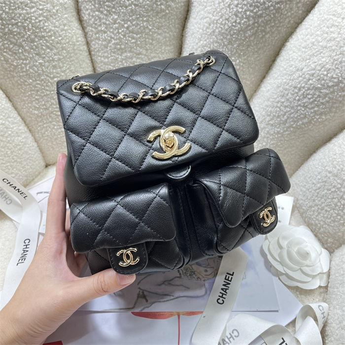 Chanel BACKPACK AS3860 Grained Shiny Calfskin & Gold-Tone Metal Black A