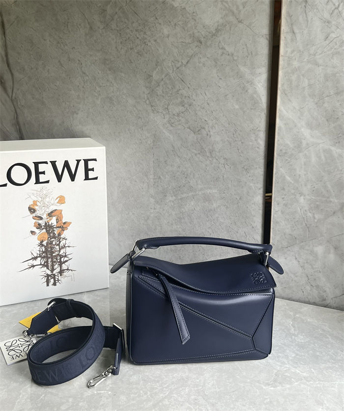 Small Puzzle bag in satin calfskin with jacquard strap Abyss Blue High