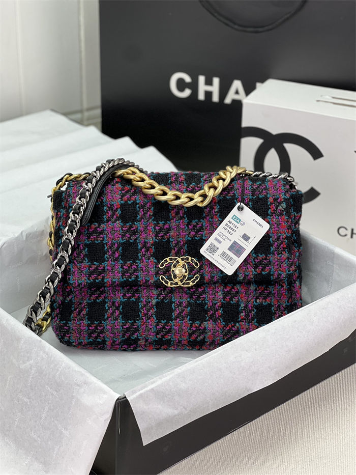 Large Chanel 19 Flap Bag Tweed Gold-Tone Black-Fuchsia High