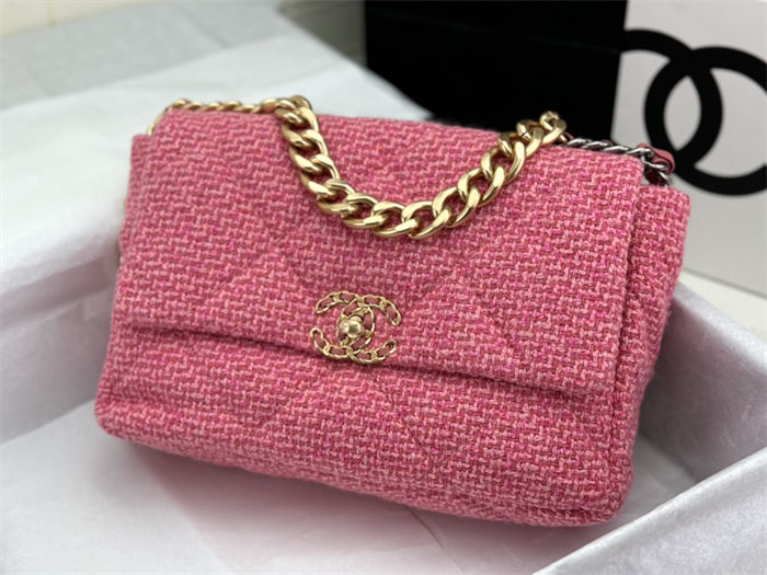 Large Chanel 19 Flap Bag Tweed Gold-Tone Rose-Pink High