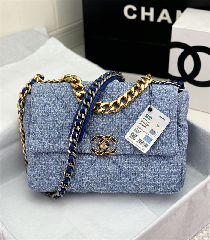 Large Chanel 19 Flap Bag Tweed Gold-Tone Blue High