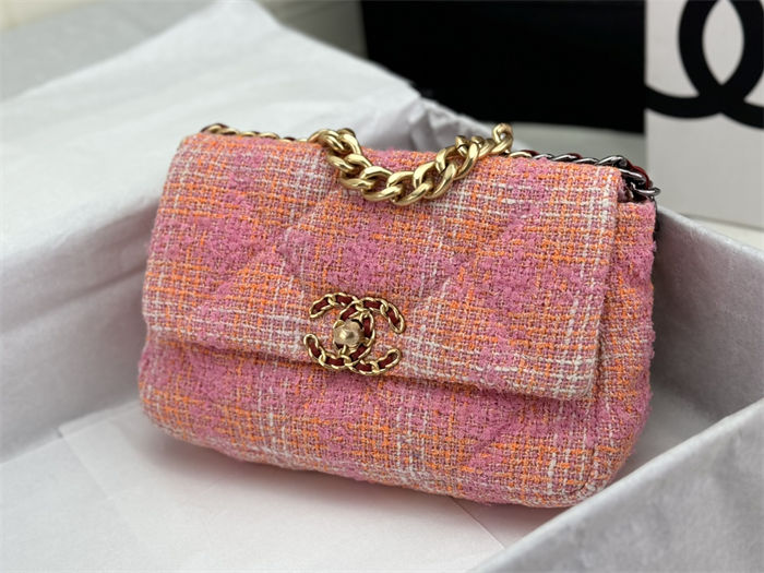 Large Chanel 19 Flap Bag Tweed Gold-Tone Pink-Orange High