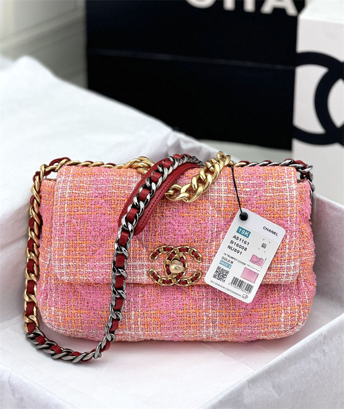 Chanel 19 Flap Bag Tweed Gold-Tone Pink-Orange High