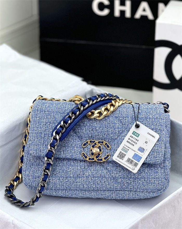 Chanel 19 Flap Bag Tweed Gold-Tone Blue High