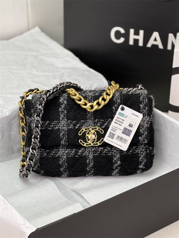 Chanel 19 Flap Bag Tweed Gold-Tone Black-Grey High