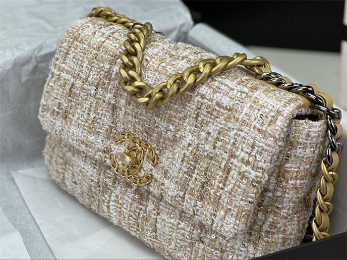 Chanel 19 Flap Bag Tweed Gold-Tone Beige High