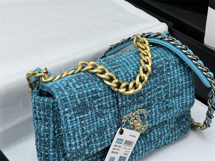 Chanel 19 Flap Bag Tweed Gold-Tone Blue High