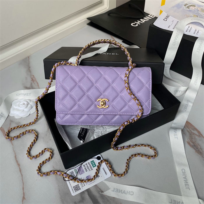 WALLET ON CHAIN AP4062 Grained Shiny Calfskin & Gold-Tone Metal Lilac A