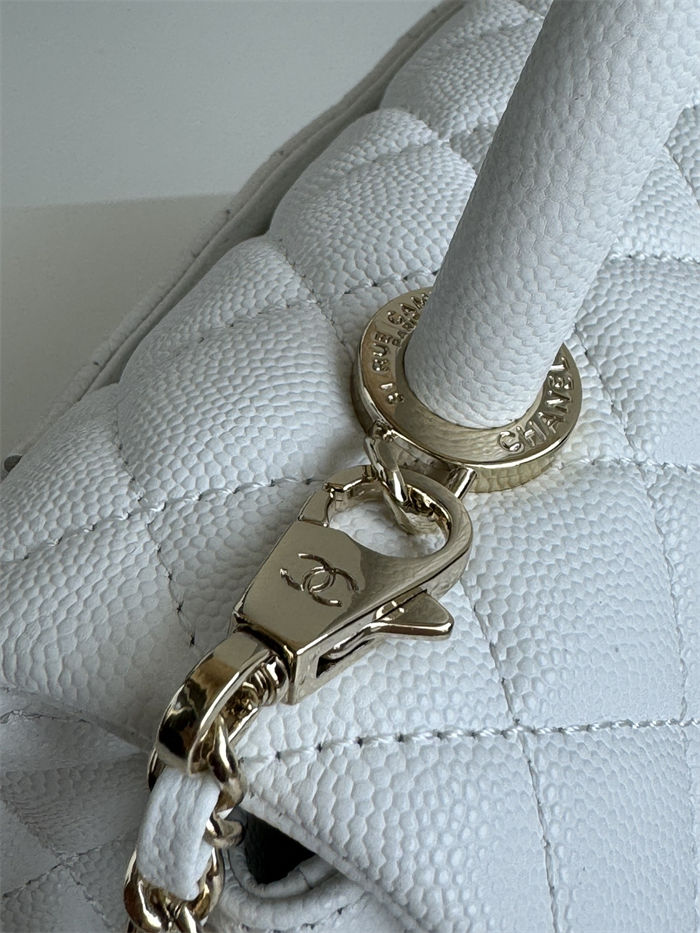 SMALL FLAP BAG WITH TOP HANDLE Grained Calfskin White Gold Metal High